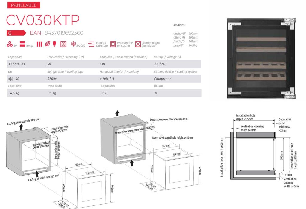 Ficha técnica Cavanova CV030KTP panelable con medidas de encastre